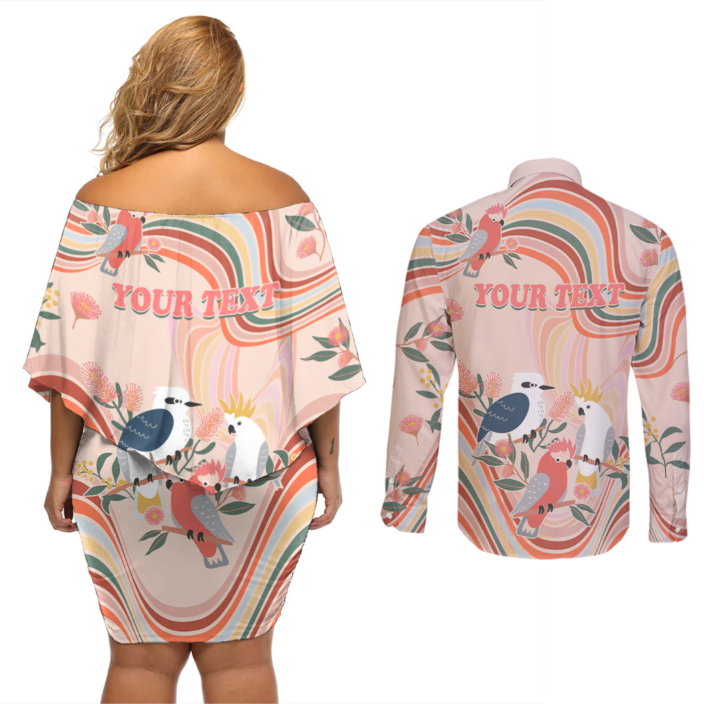 personalised-australia-hippie-christmas-couples-matching-off-shoulder-short-dress-and-long-sleeve-button-shirt-cockatoo-kookaburra-with-wattle-pink-peach-style