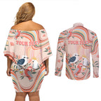personalised-australia-hippie-christmas-couples-matching-off-shoulder-short-dress-and-long-sleeve-button-shirt-cockatoo-kookaburra-with-wattle-pink-peach-style