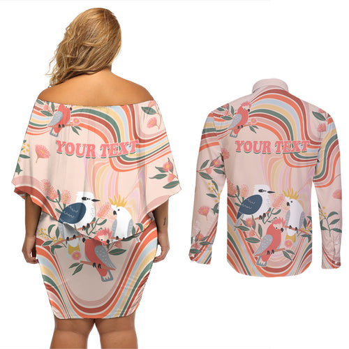 personalised-australia-hippie-christmas-couples-matching-off-shoulder-short-dress-and-long-sleeve-button-shirt-cockatoo-kookaburra-with-wattle-pink-peach-style