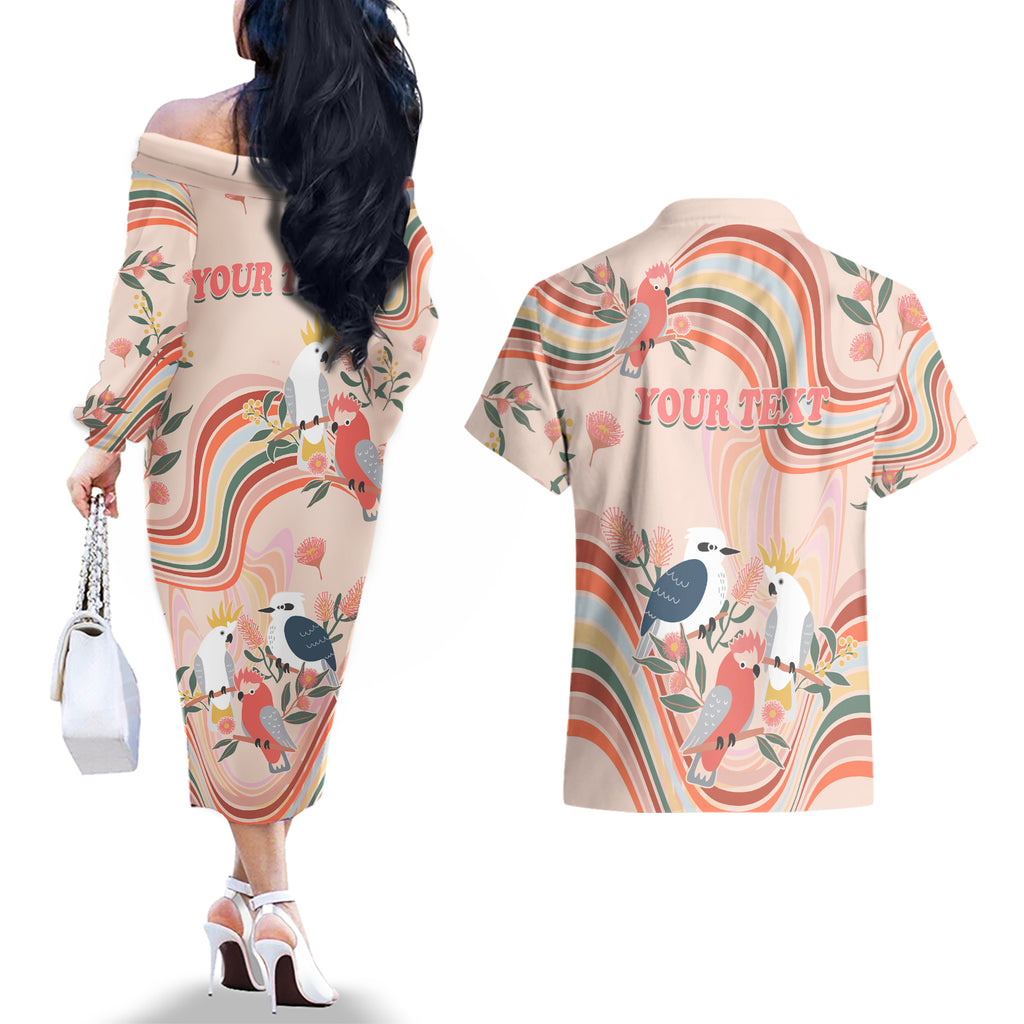 personalised-australia-hippie-christmas-couples-matching-off-the-shoulder-long-sleeve-dress-and-hawaiian-shirt-cockatoo-kookaburra-with-wattle-pink-peach-style