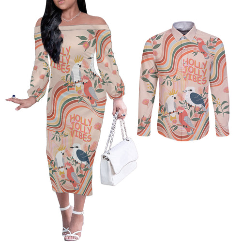 personalised-australia-hippie-christmas-couples-matching-off-the-shoulder-long-sleeve-dress-and-long-sleeve-button-shirt-cockatoo-kookaburra-with-wattle-pink-peach-style