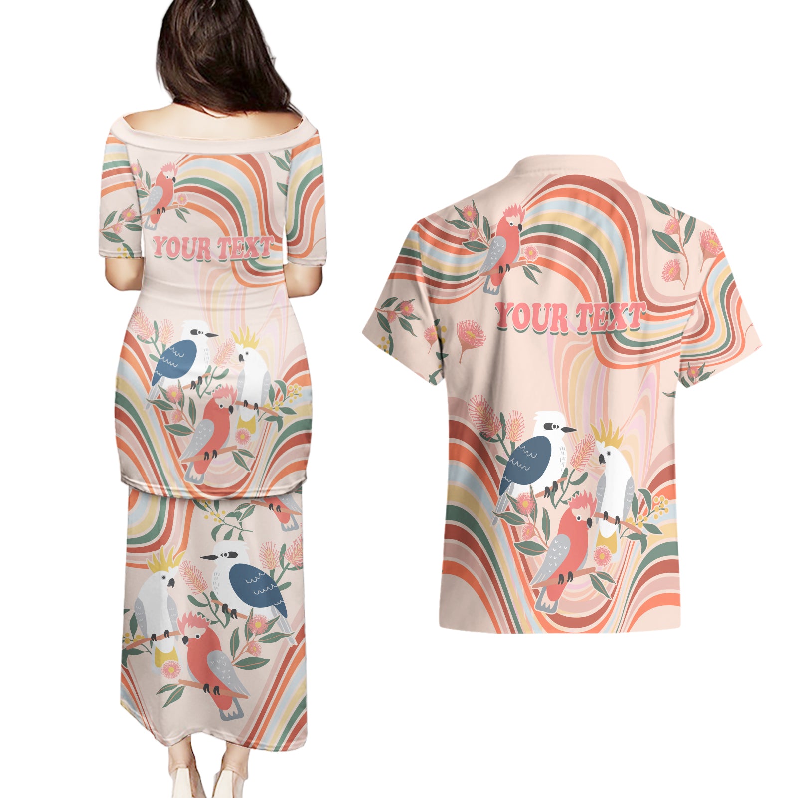 personalised-australia-hippie-christmas-couples-matching-puletasi-dress-and-hawaiian-shirt-cockatoo-kookaburra-with-wattle-pink-peach-style