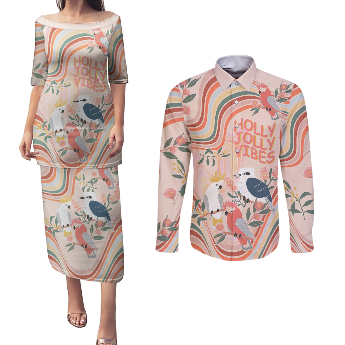 personalised-australia-hippie-christmas-couples-matching-puletasi-dress-and-long-sleeve-button-shirt-cockatoo-kookaburra-with-wattle-pink-peach-style