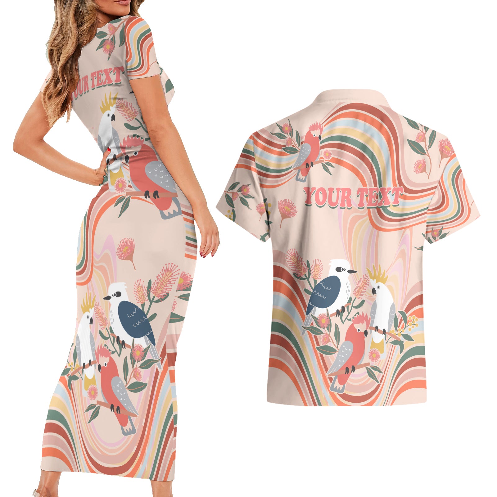personalised-australia-hippie-christmas-couples-matching-short-sleeve-bodycon-dress-and-hawaiian-shirt-cockatoo-kookaburra-with-wattle-pink-peach-style