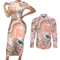 personalised-australia-hippie-christmas-couples-matching-short-sleeve-bodycon-dress-and-long-sleeve-button-shirt-cockatoo-kookaburra-with-wattle-pink-peach-style