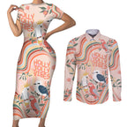 personalised-australia-hippie-christmas-couples-matching-short-sleeve-bodycon-dress-and-long-sleeve-button-shirt-cockatoo-kookaburra-with-wattle-pink-peach-style