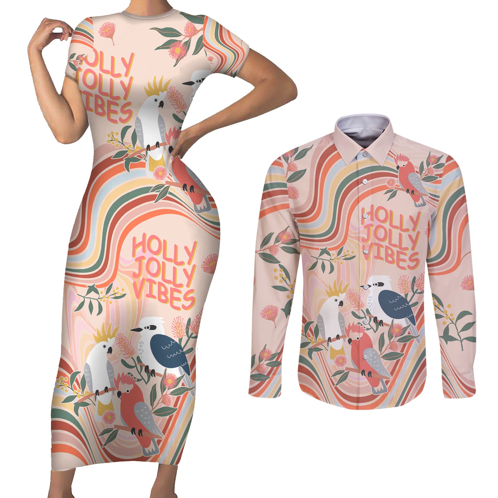 personalised-australia-hippie-christmas-couples-matching-short-sleeve-bodycon-dress-and-long-sleeve-button-shirt-cockatoo-kookaburra-with-wattle-pink-peach-style