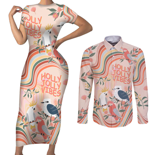 personalised-australia-hippie-christmas-couples-matching-short-sleeve-bodycon-dress-and-long-sleeve-button-shirt-cockatoo-kookaburra-with-wattle-pink-peach-style