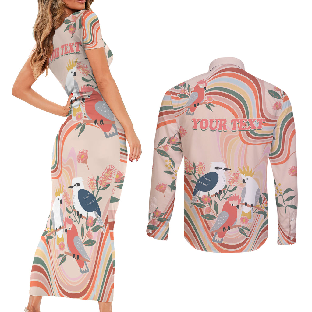 personalised-australia-hippie-christmas-couples-matching-short-sleeve-bodycon-dress-and-long-sleeve-button-shirt-cockatoo-kookaburra-with-wattle-pink-peach-style