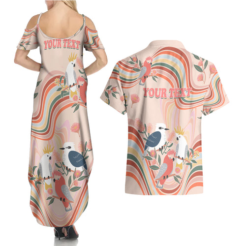 personalised-australia-hippie-christmas-couples-matching-summer-maxi-dress-and-hawaiian-shirt-cockatoo-kookaburra-with-wattle-pink-peach-style