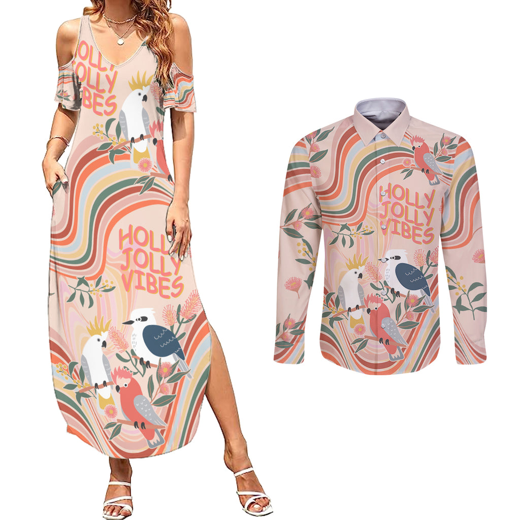 personalised-australia-hippie-christmas-couples-matching-summer-maxi-dress-and-long-sleeve-button-shirt-cockatoo-kookaburra-with-wattle-pink-peach-style