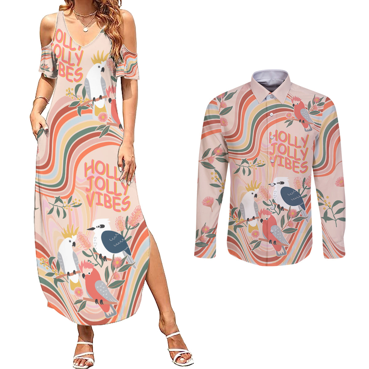 personalised-australia-hippie-christmas-couples-matching-summer-maxi-dress-and-long-sleeve-button-shirt-cockatoo-kookaburra-with-wattle-pink-peach-style