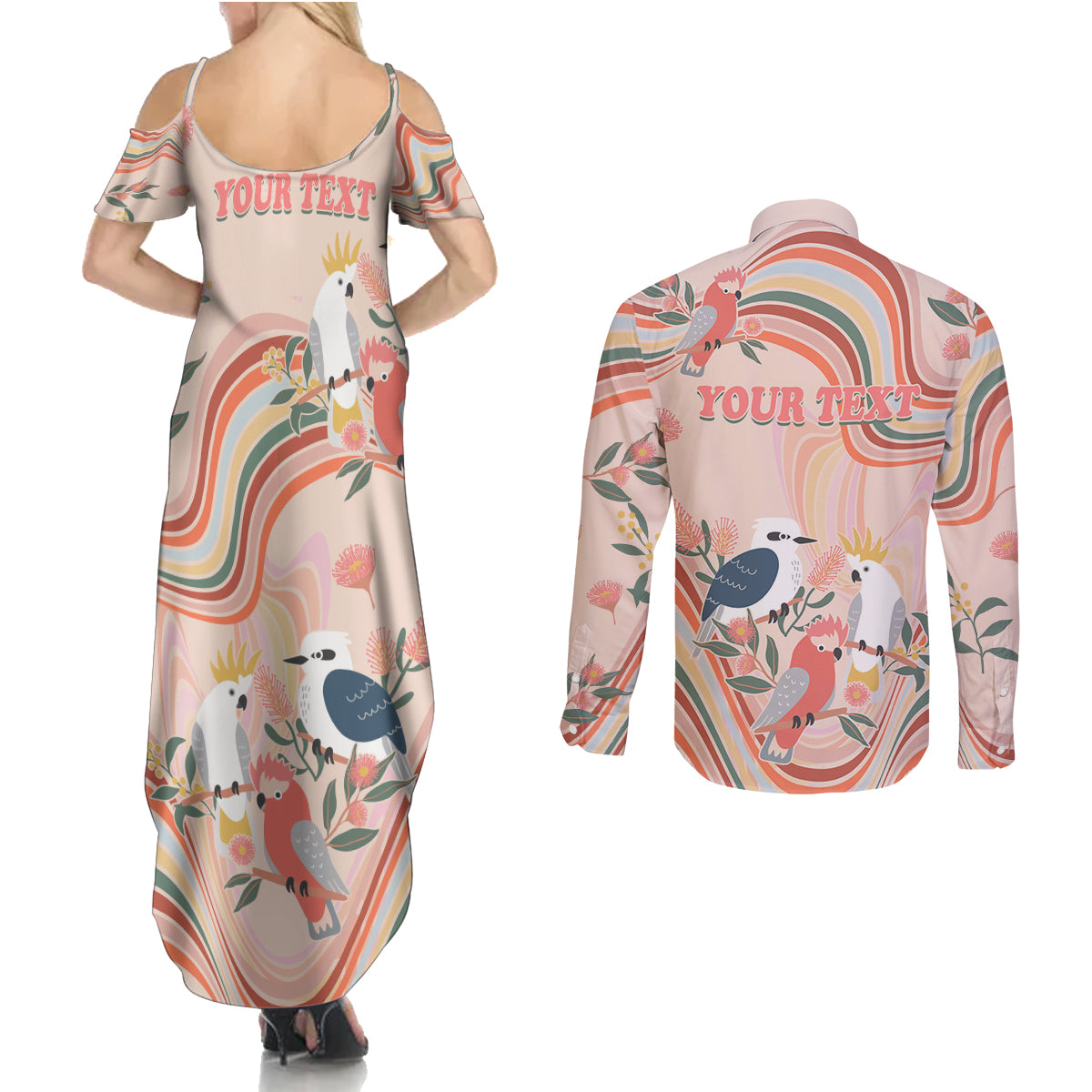 personalised-australia-hippie-christmas-couples-matching-summer-maxi-dress-and-long-sleeve-button-shirt-cockatoo-kookaburra-with-wattle-pink-peach-style