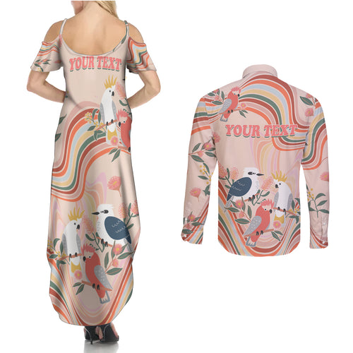 personalised-australia-hippie-christmas-couples-matching-summer-maxi-dress-and-long-sleeve-button-shirt-cockatoo-kookaburra-with-wattle-pink-peach-style