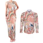 personalised-australia-hippie-christmas-couples-matching-tank-maxi-dress-and-long-sleeve-button-shirt-cockatoo-kookaburra-with-wattle-pink-peach-style