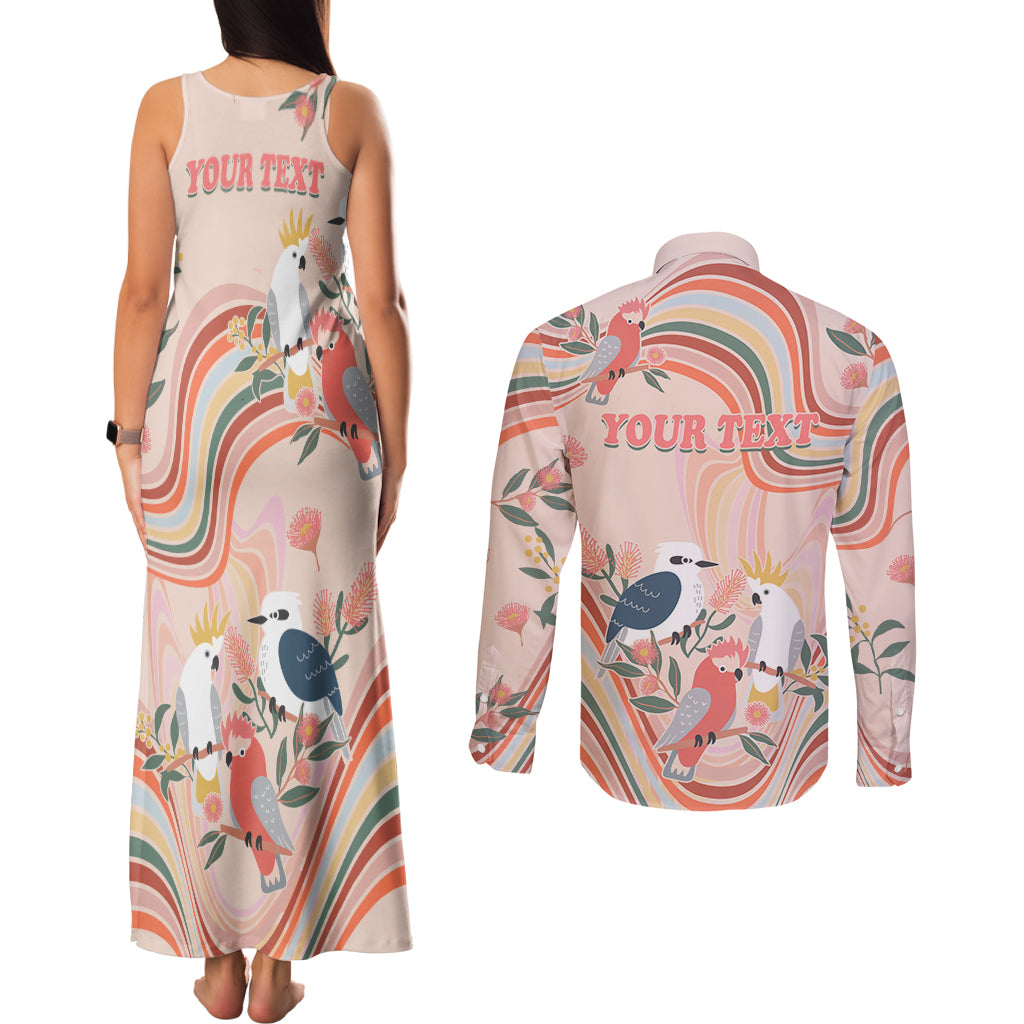 personalised-australia-hippie-christmas-couples-matching-tank-maxi-dress-and-long-sleeve-button-shirt-cockatoo-kookaburra-with-wattle-pink-peach-style