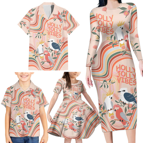personalised-australia-hippie-christmas-family-matching-long-sleeve-bodycon-dress-and-hawaiian-shirt-cockatoo-kookaburra-with-wattle-pink-peach-style
