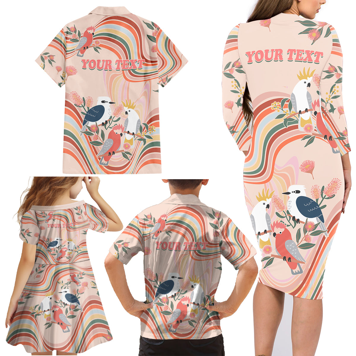 personalised-australia-hippie-christmas-family-matching-long-sleeve-bodycon-dress-and-hawaiian-shirt-cockatoo-kookaburra-with-wattle-pink-peach-style