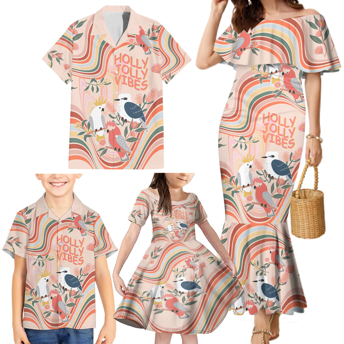 personalised-australia-hippie-christmas-family-matching-mermaid-dress-and-hawaiian-shirt-cockatoo-kookaburra-with-wattle-pink-peach-style
