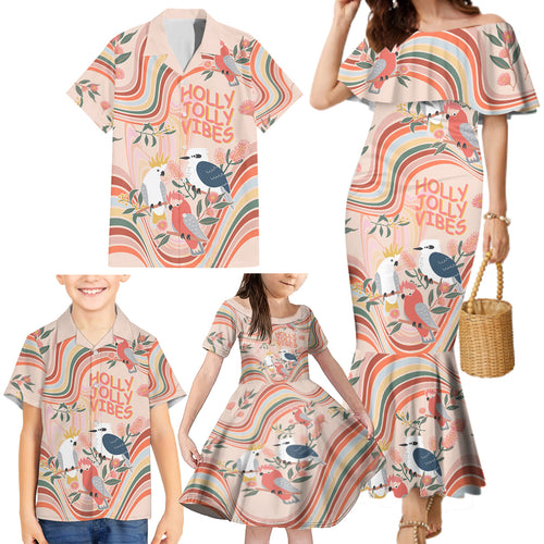 personalised-australia-hippie-christmas-family-matching-mermaid-dress-and-hawaiian-shirt-cockatoo-kookaburra-with-wattle-pink-peach-style