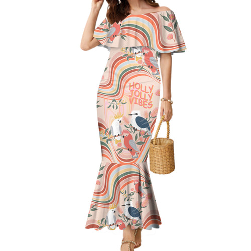 personalised-australia-hippie-christmas-family-matching-mermaid-dress-and-hawaiian-shirt-cockatoo-kookaburra-with-wattle-pink-peach-style