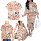 personalised-australia-hippie-christmas-family-matching-off-shoulder-long-sleeve-dress-and-hawaiian-shirt-cockatoo-kookaburra-with-wattle-pink-peach-style