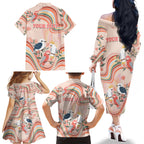 personalised-australia-hippie-christmas-family-matching-off-shoulder-long-sleeve-dress-and-hawaiian-shirt-cockatoo-kookaburra-with-wattle-pink-peach-style