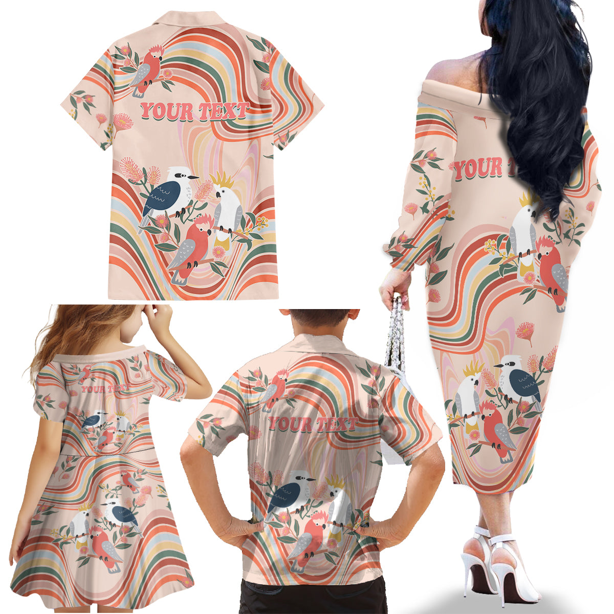 personalised-australia-hippie-christmas-family-matching-off-shoulder-long-sleeve-dress-and-hawaiian-shirt-cockatoo-kookaburra-with-wattle-pink-peach-style