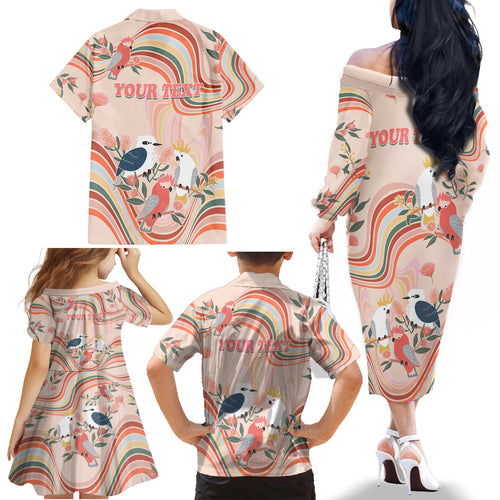personalised-australia-hippie-christmas-family-matching-off-shoulder-long-sleeve-dress-and-hawaiian-shirt-cockatoo-kookaburra-with-wattle-pink-peach-style