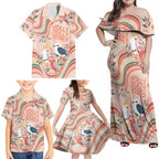 personalised-australia-hippie-christmas-family-matching-off-shoulder-maxi-dress-and-hawaiian-shirt-cockatoo-kookaburra-with-wattle-pink-peach-style