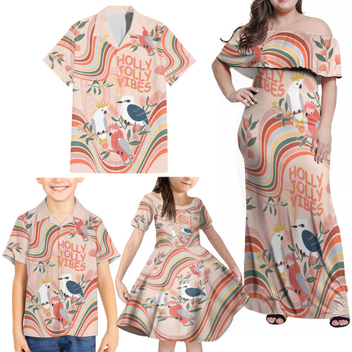 personalised-australia-hippie-christmas-family-matching-off-shoulder-maxi-dress-and-hawaiian-shirt-cockatoo-kookaburra-with-wattle-pink-peach-style
