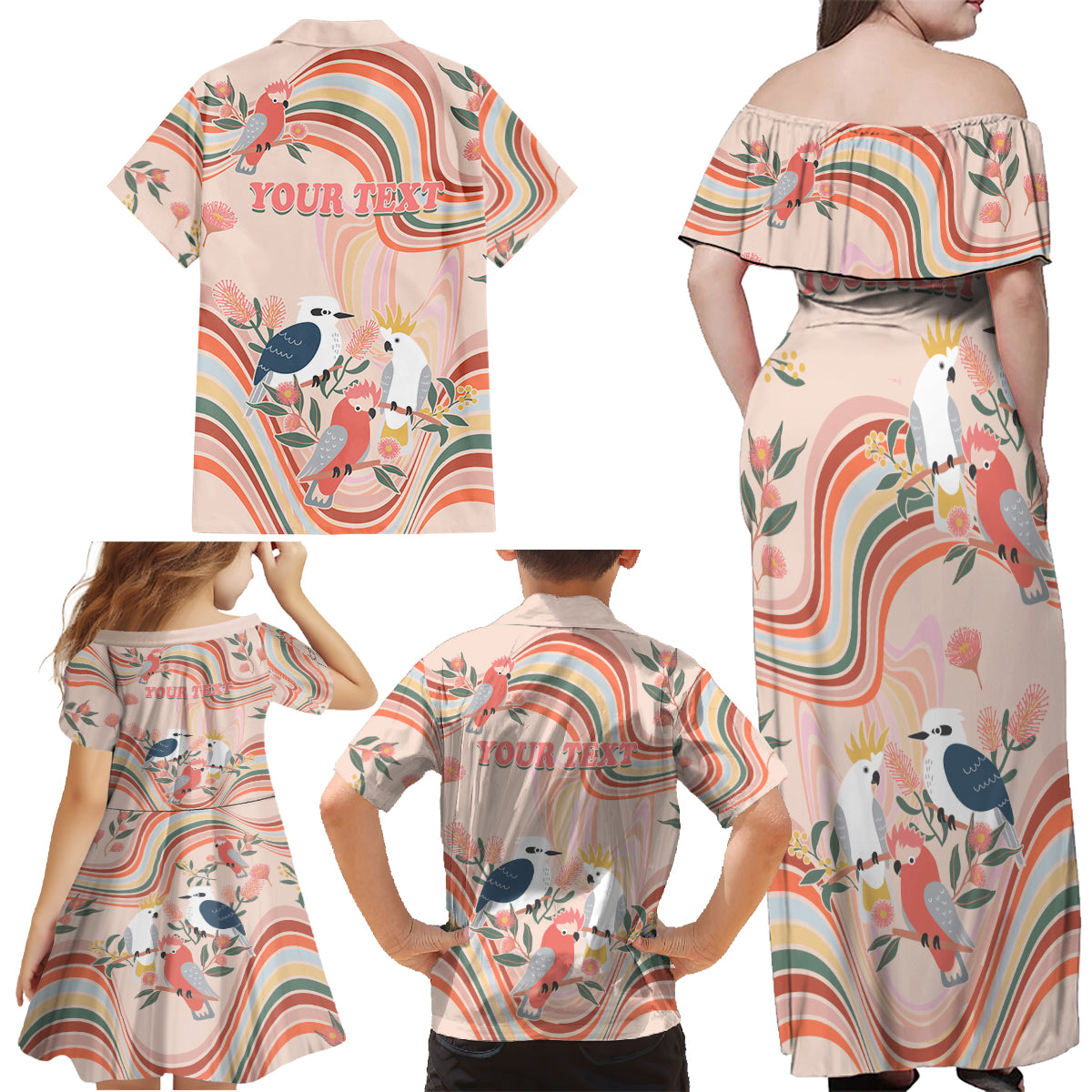 personalised-australia-hippie-christmas-family-matching-off-shoulder-maxi-dress-and-hawaiian-shirt-cockatoo-kookaburra-with-wattle-pink-peach-style