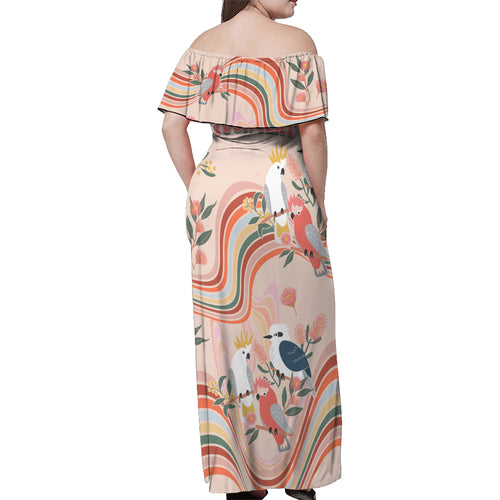 personalised-australia-hippie-christmas-family-matching-off-shoulder-maxi-dress-and-hawaiian-shirt-cockatoo-kookaburra-with-wattle-pink-peach-style