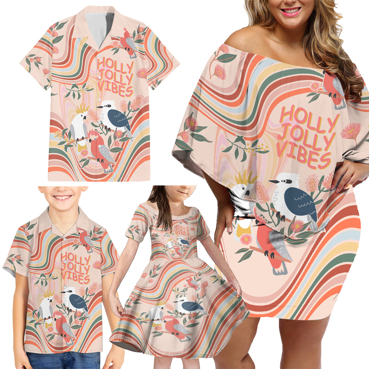 personalised-australia-hippie-christmas-family-matching-off-shoulder-short-dress-and-hawaiian-shirt-cockatoo-kookaburra-with-wattle-pink-peach-style