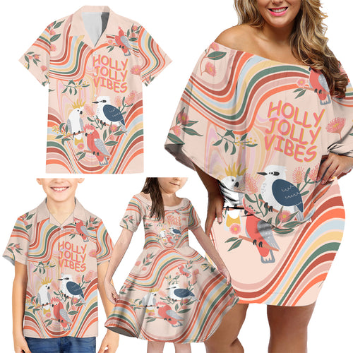 personalised-australia-hippie-christmas-family-matching-off-shoulder-short-dress-and-hawaiian-shirt-cockatoo-kookaburra-with-wattle-pink-peach-style