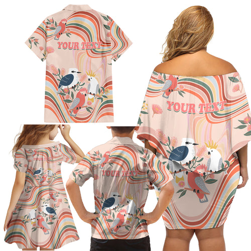 personalised-australia-hippie-christmas-family-matching-off-shoulder-short-dress-and-hawaiian-shirt-cockatoo-kookaburra-with-wattle-pink-peach-style