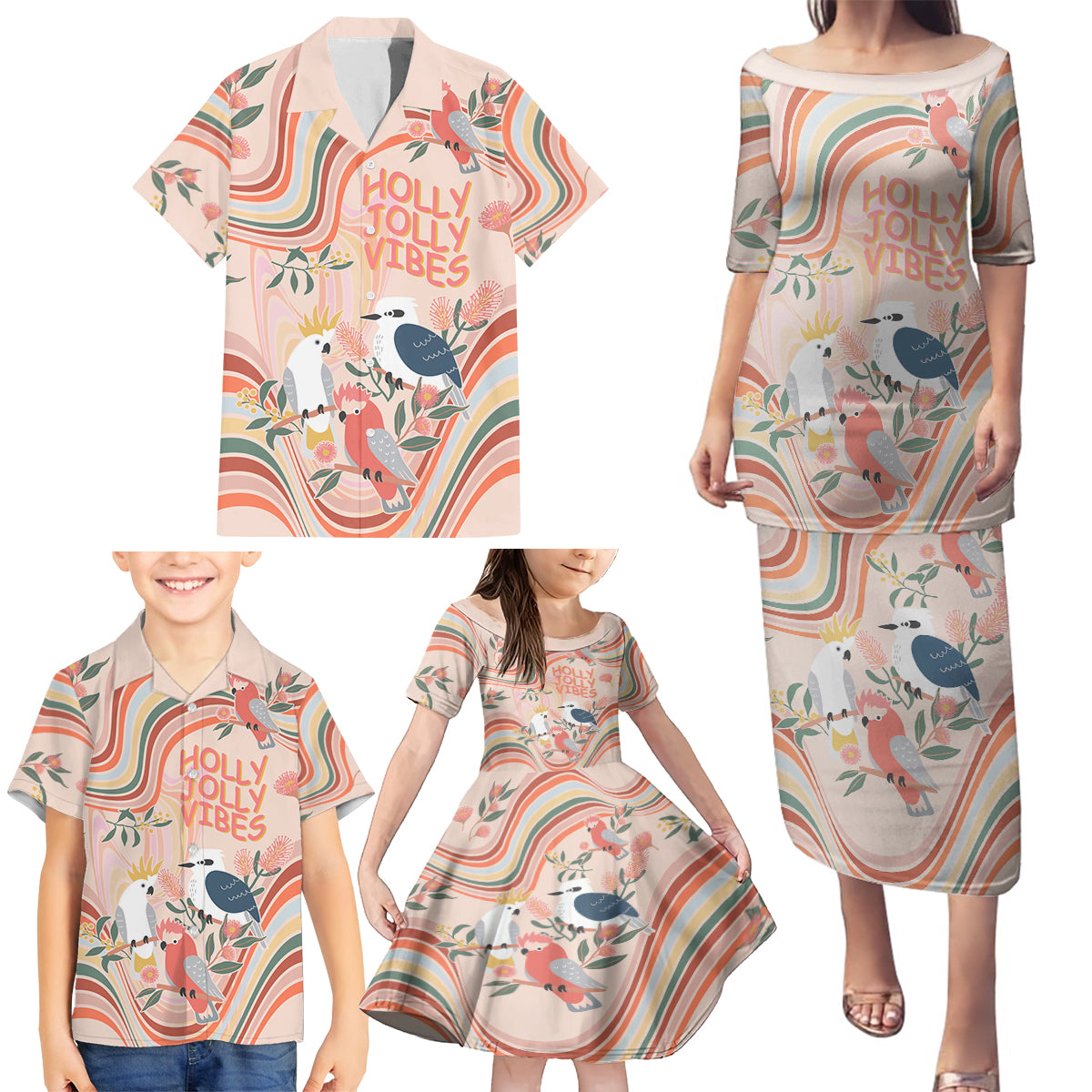 personalised-australia-hippie-christmas-family-matching-puletasi-dress-and-hawaiian-shirt-cockatoo-kookaburra-with-wattle-pink-peach-style