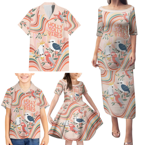 personalised-australia-hippie-christmas-family-matching-puletasi-dress-and-hawaiian-shirt-cockatoo-kookaburra-with-wattle-pink-peach-style
