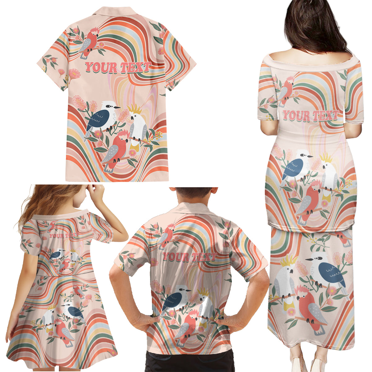 personalised-australia-hippie-christmas-family-matching-puletasi-dress-and-hawaiian-shirt-cockatoo-kookaburra-with-wattle-pink-peach-style