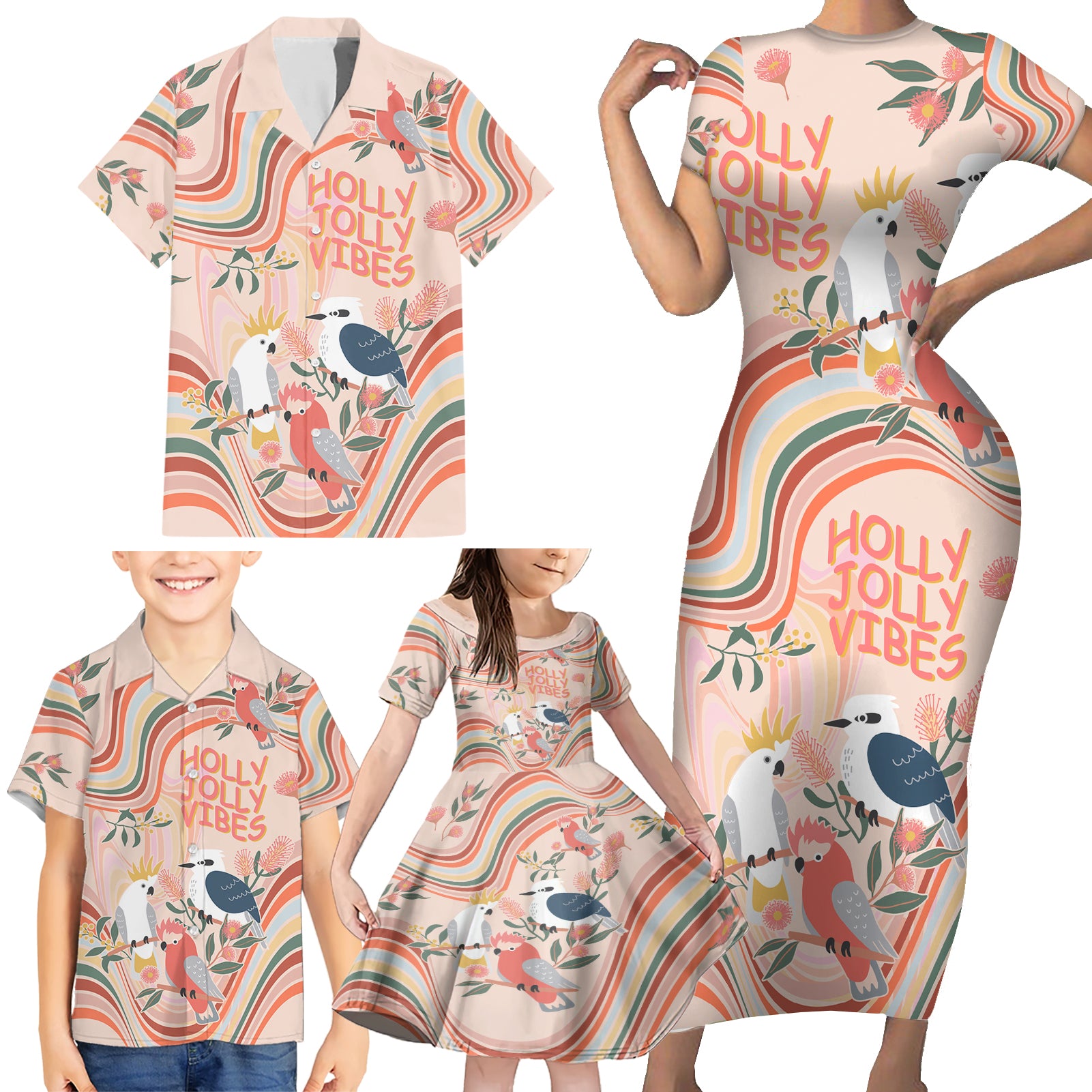 personalised-australia-hippie-christmas-family-matching-short-sleeve-bodycon-dress-and-hawaiian-shirt-cockatoo-kookaburra-with-wattle-pink-peach-style