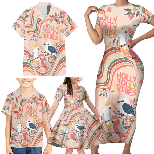 personalised-australia-hippie-christmas-family-matching-short-sleeve-bodycon-dress-and-hawaiian-shirt-cockatoo-kookaburra-with-wattle-pink-peach-style