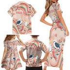 personalised-australia-hippie-christmas-family-matching-short-sleeve-bodycon-dress-and-hawaiian-shirt-cockatoo-kookaburra-with-wattle-pink-peach-style