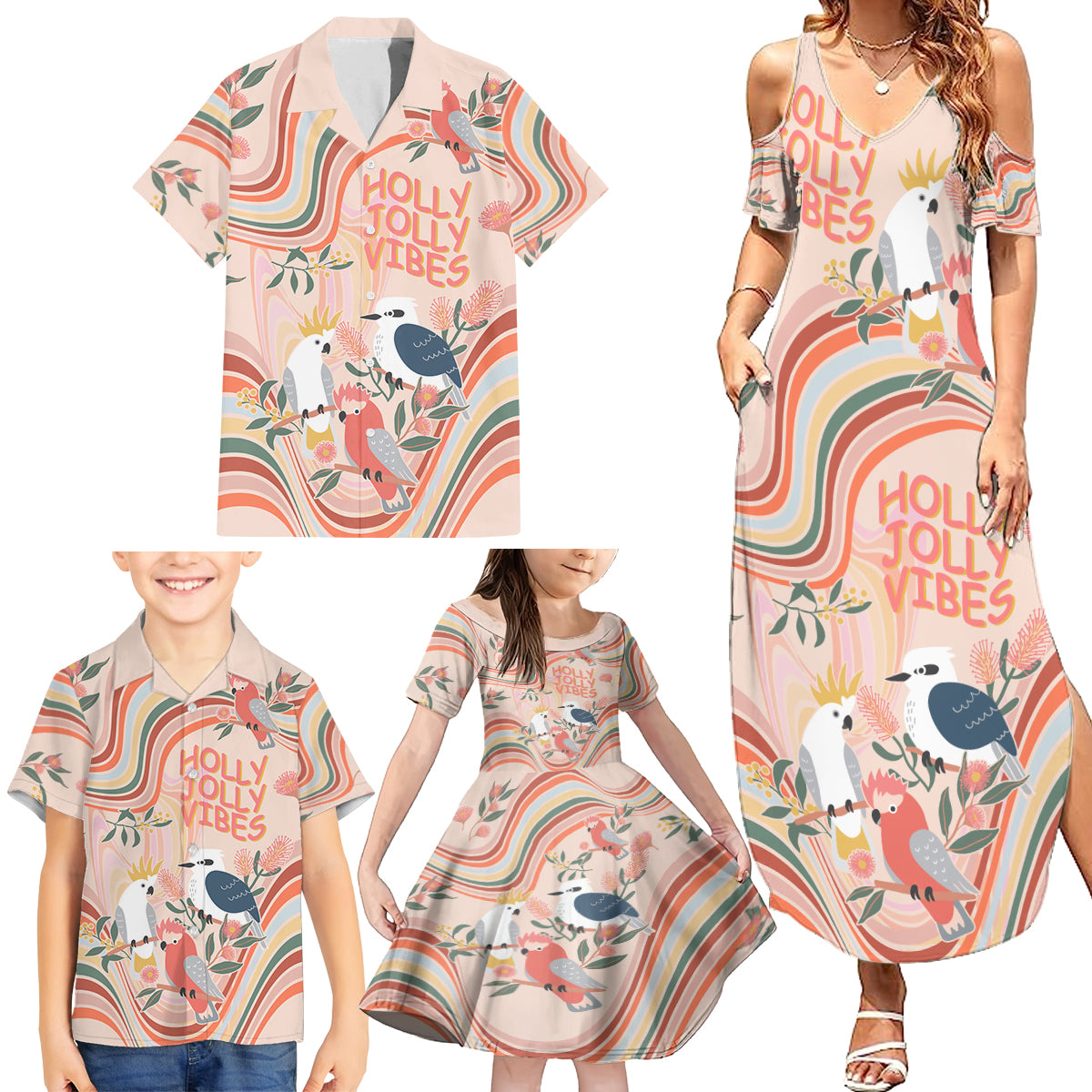 personalised-australia-hippie-christmas-family-matching-summer-maxi-dress-and-hawaiian-shirt-cockatoo-kookaburra-with-wattle-pink-peach-style