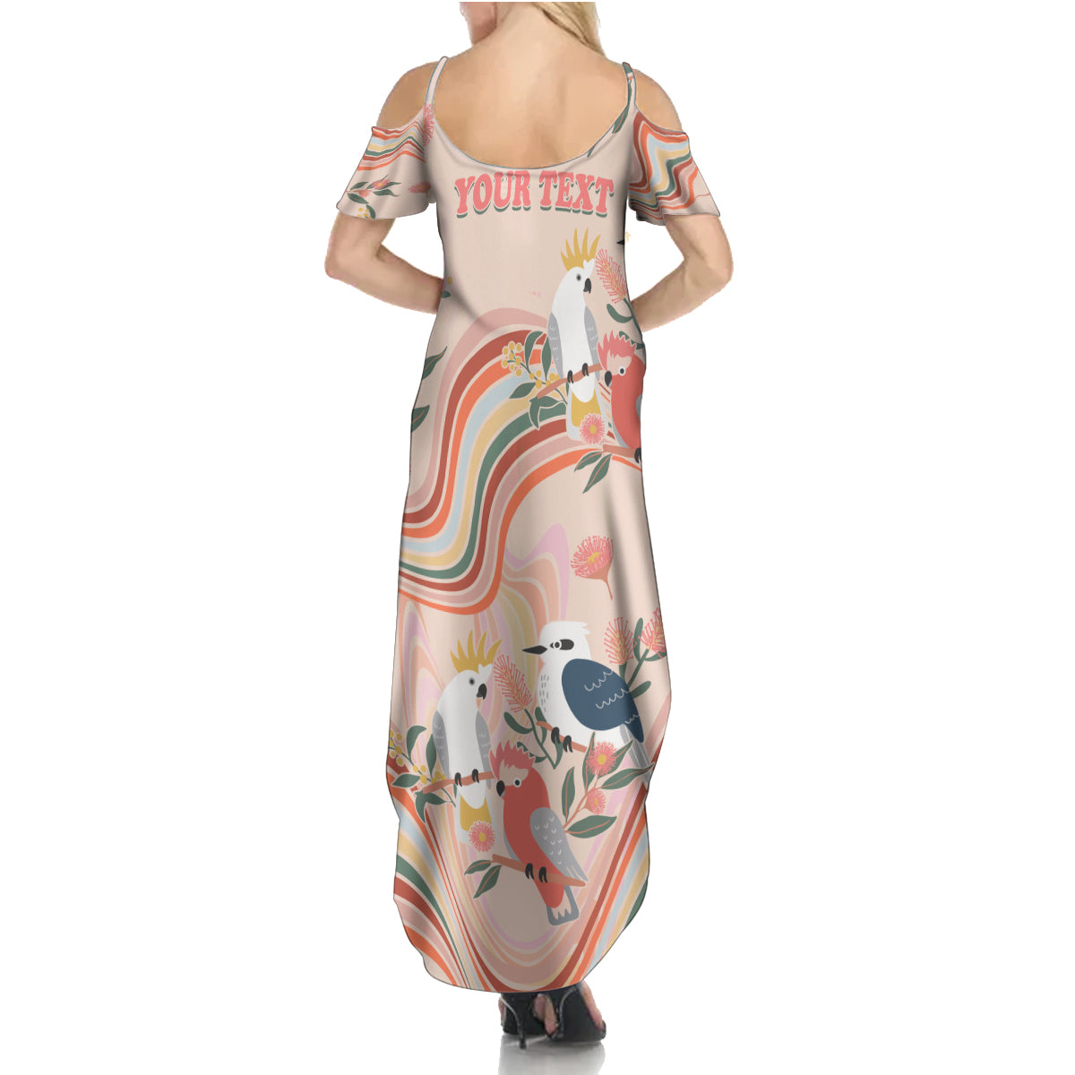 personalised-australia-hippie-christmas-family-matching-summer-maxi-dress-and-hawaiian-shirt-cockatoo-kookaburra-with-wattle-pink-peach-style