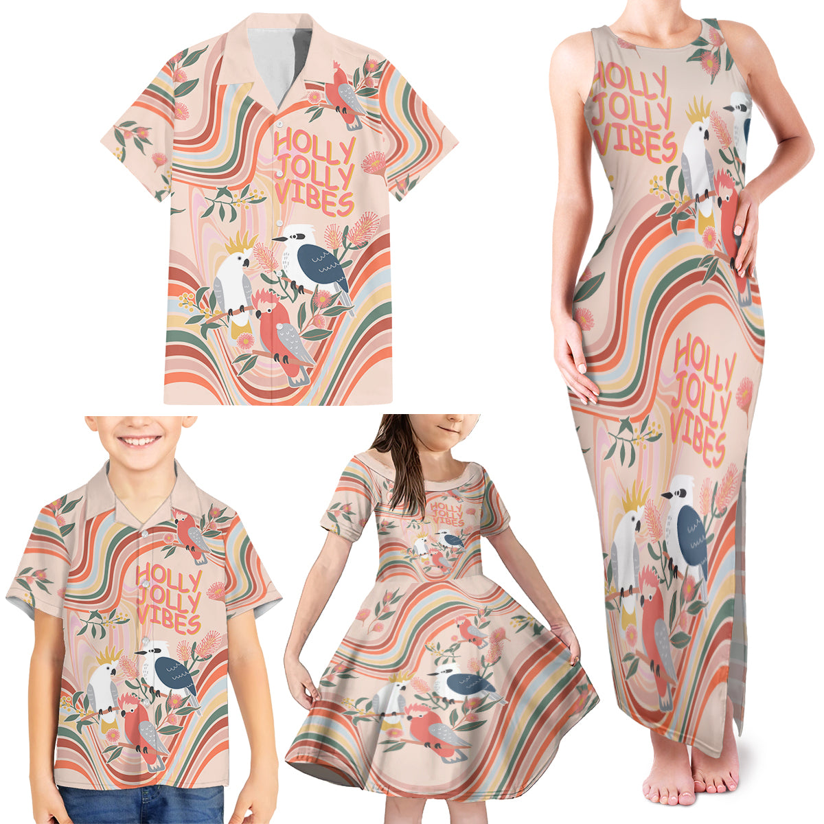 personalised-australia-hippie-christmas-family-matching-tank-maxi-dress-and-hawaiian-shirt-cockatoo-kookaburra-with-wattle-pink-peach-style