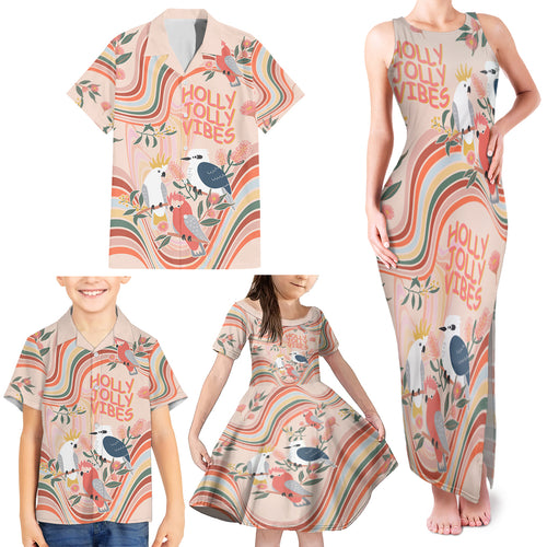 personalised-australia-hippie-christmas-family-matching-tank-maxi-dress-and-hawaiian-shirt-cockatoo-kookaburra-with-wattle-pink-peach-style