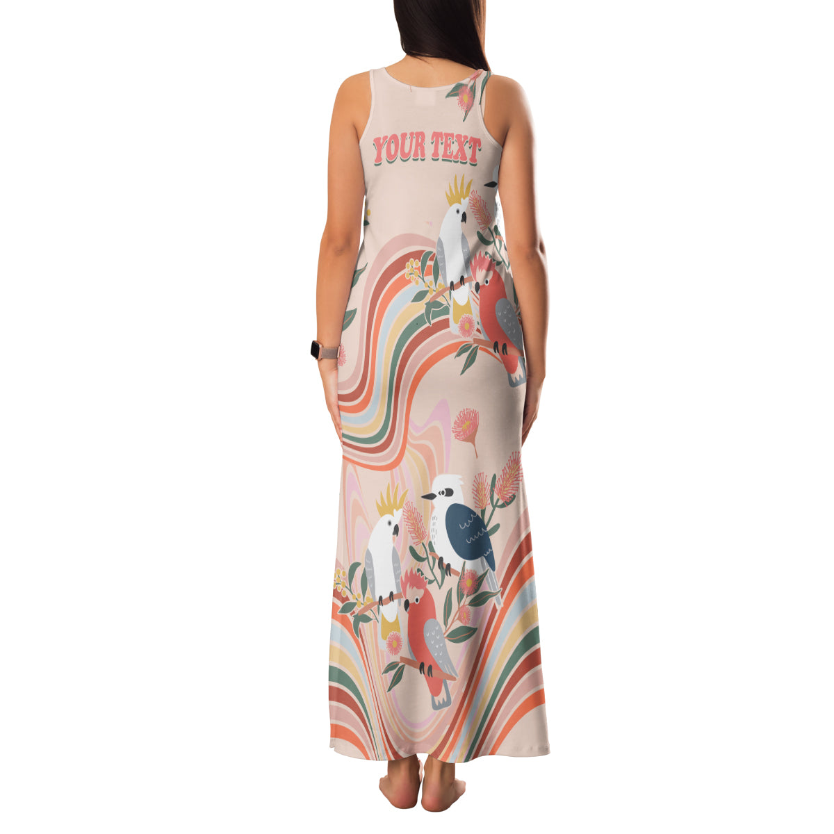 personalised-australia-hippie-christmas-family-matching-tank-maxi-dress-and-hawaiian-shirt-cockatoo-kookaburra-with-wattle-pink-peach-style