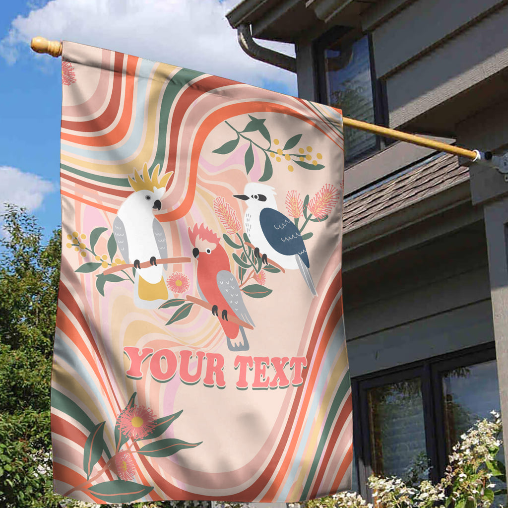 personalised-australia-hippie-christmas-garden-flag-cockatoo-kookaburra-with-wattle-pink-peach-style