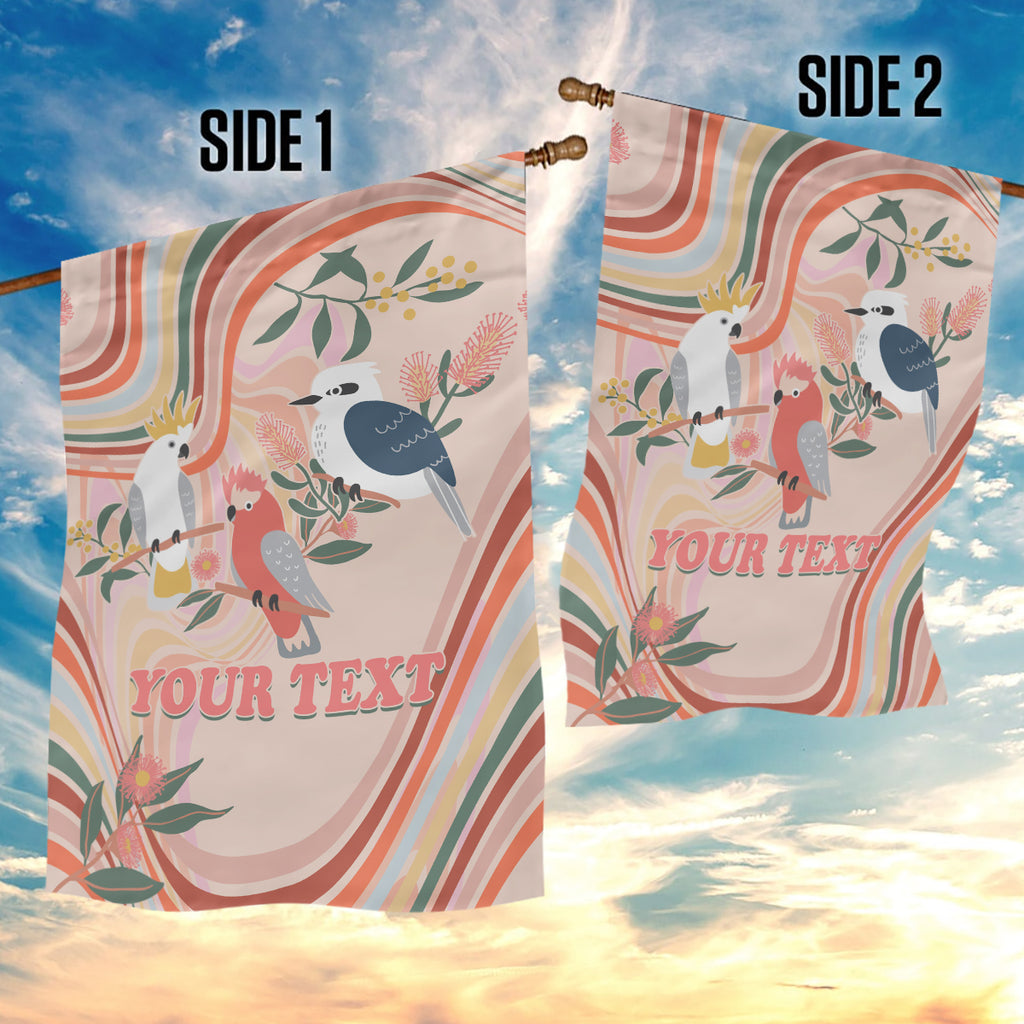personalised-australia-hippie-christmas-garden-flag-cockatoo-kookaburra-with-wattle-pink-peach-style