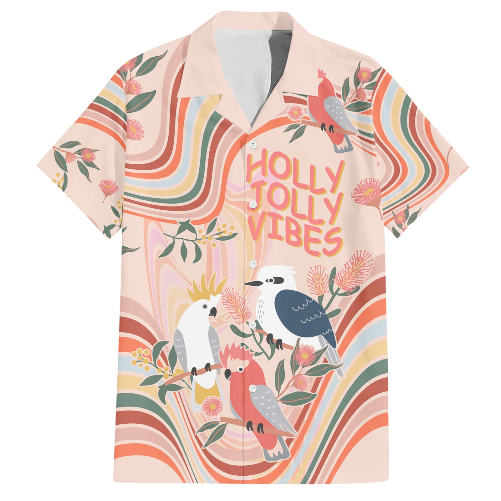 personalised-australia-hippie-christmas-hawaiian-shirt-cockatoo-kookaburra-with-wattle-pink-peach-style